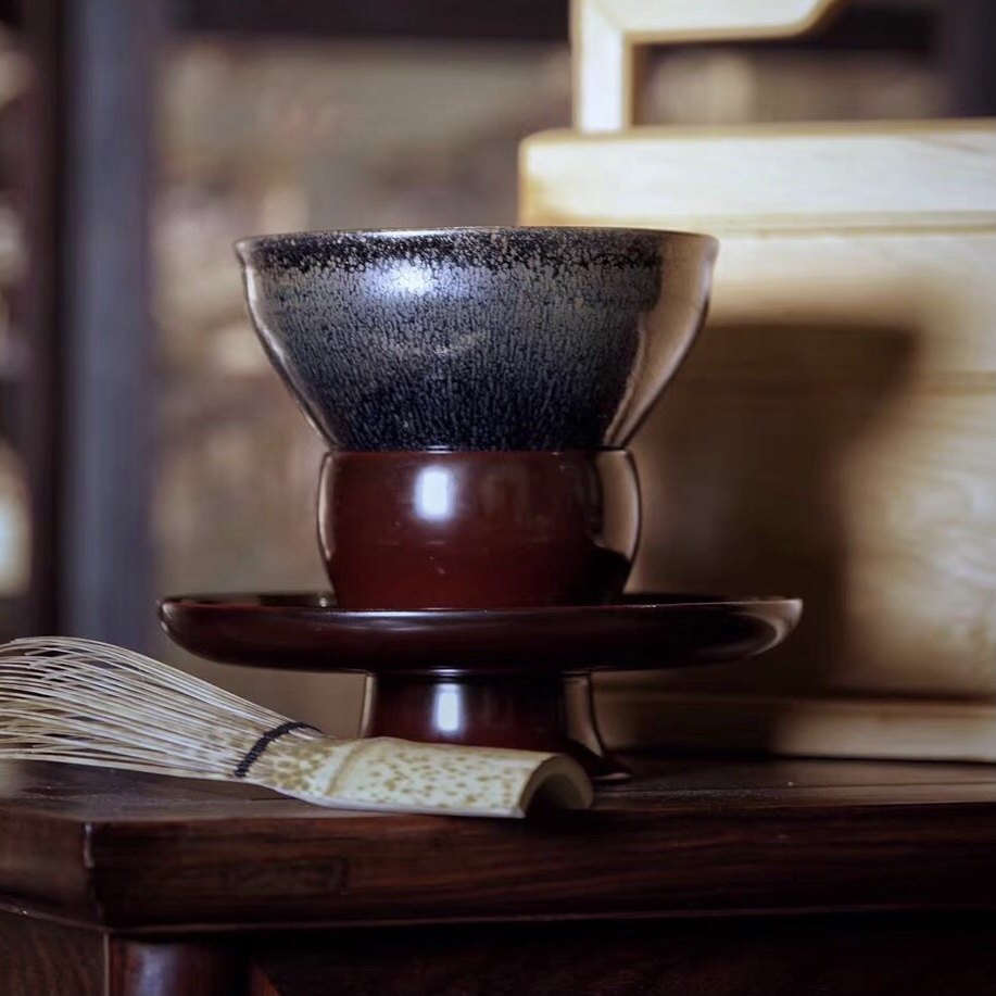 建盏漆雕鉴盏茶托茶具点茶宋代秘阁木胎盏盏茶道