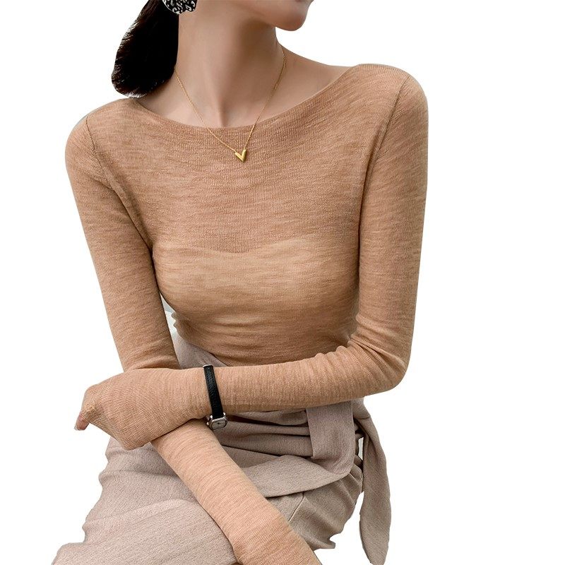2021秋冬新款精仿超薄羊绒衫女一字领修身微透羊毛打底衫针织毛衣
