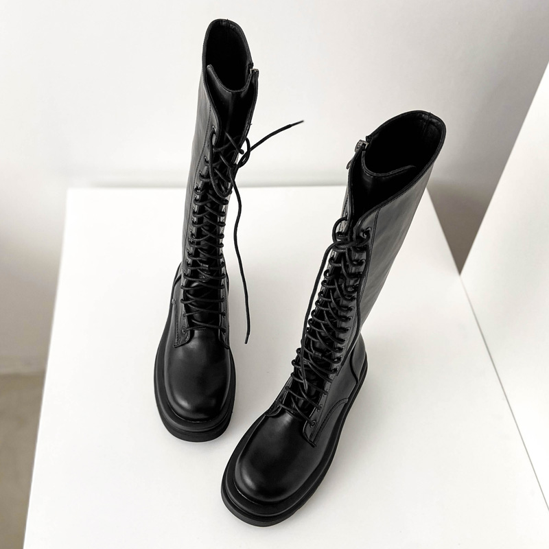 马丁靴女靴子夏季厚底系带长筒靴瘦瘦靴小腿黑色高筒靴骑士靴长靴