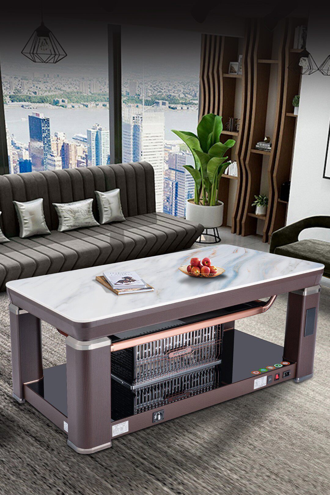 巨霸天然气烤火茶几取暖桌气语音岩板隐形电磁炉取暖桌