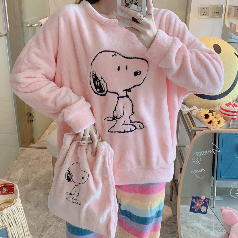 韩国ins史努比珊瑚绒睡衣女冬卡通可爱加厚加绒法兰绒家居服套装 - 尖