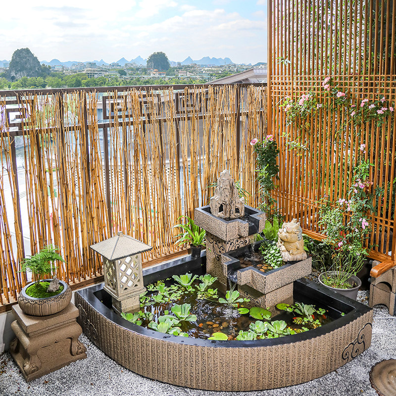 中式阳台鱼池水景庭院花园布置水池装饰造景流水摆件