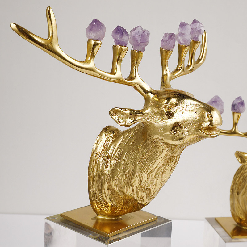 天然天然水天然水晶水晶石鹿角摆件北欧风格招财黄铜摆件