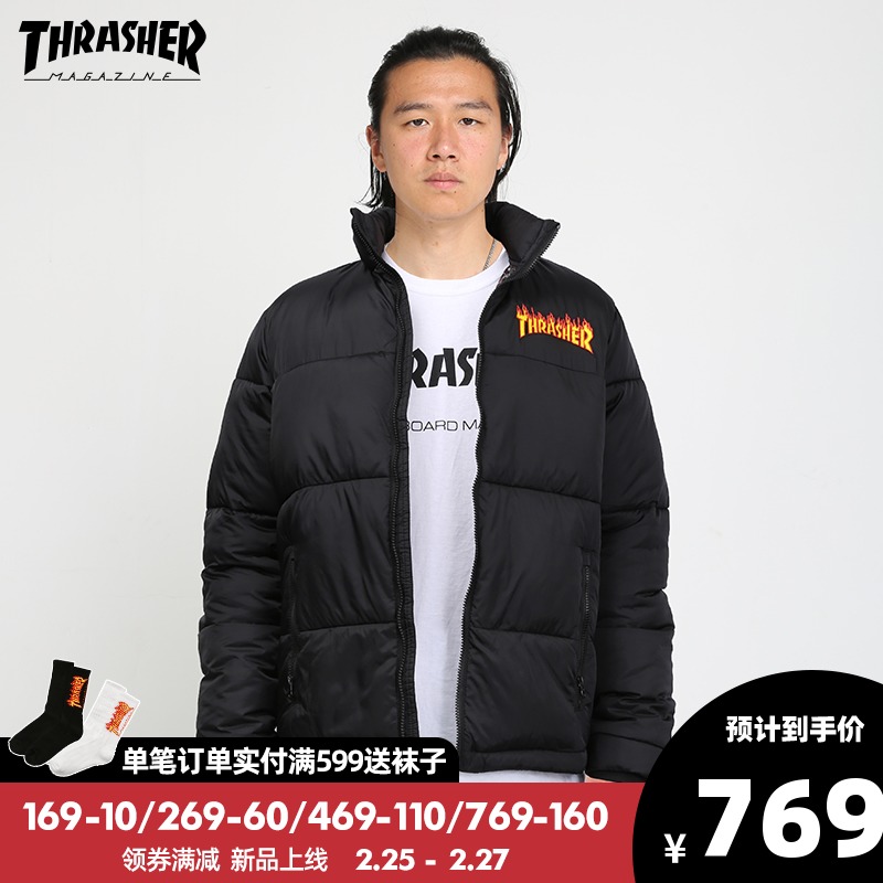 【THRASHER官方】PUFFER JACKET火焰棉服夹克王一博同款