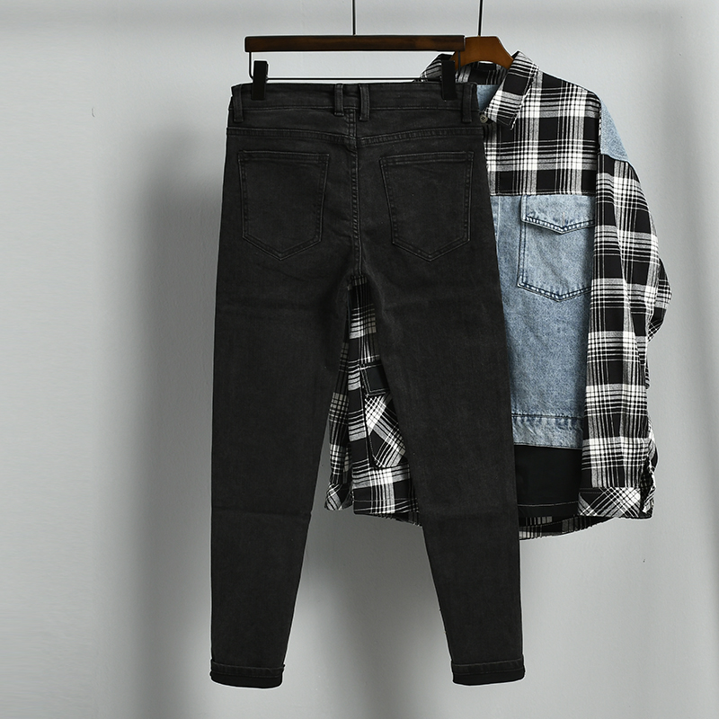 高端春秋简单百搭水洗九分黑色牛仔裤男士韩版潮流修身小脚弹力裤