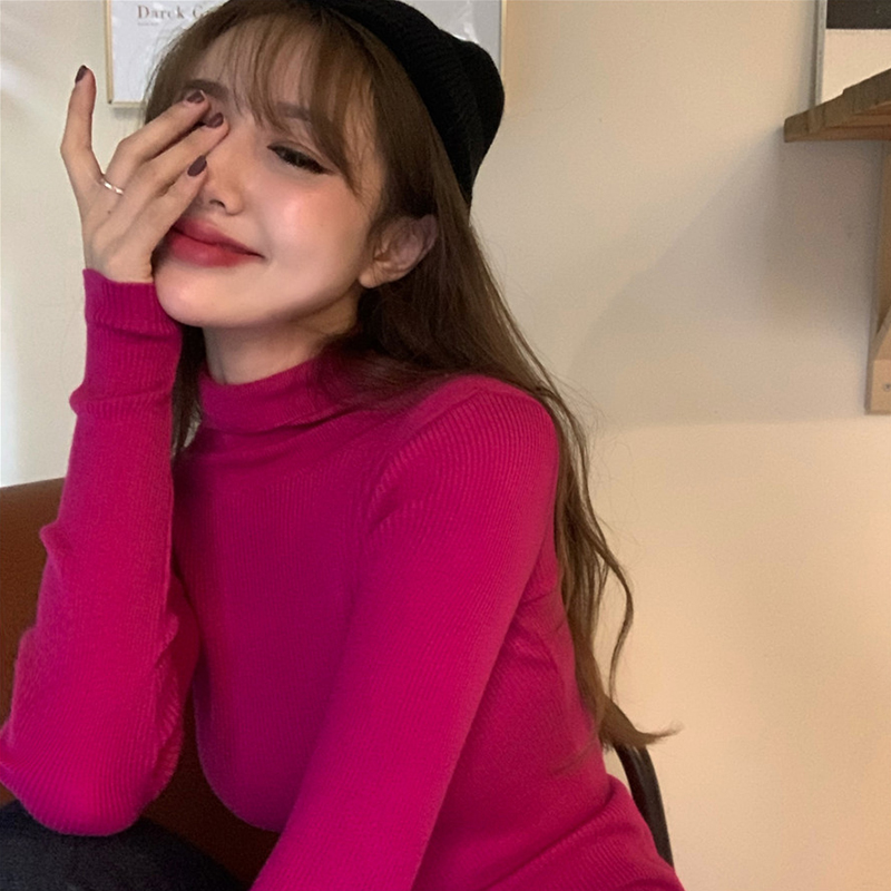 黑色高领打底毛衣针织衫女冬火龙果色加厚套头内搭玫红色百搭上衣