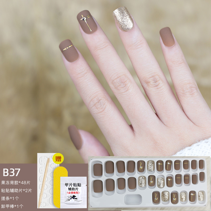 穿戴甲美甲贴片女成品短款假指甲贴片棕色磨砂哑光款显白金线跳色