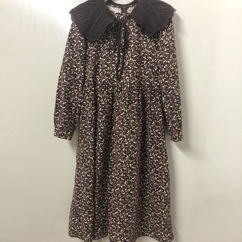 leebaka2020秋冬韩版长袖碎花显瘦连衣裙针织披肩两件连衣裙