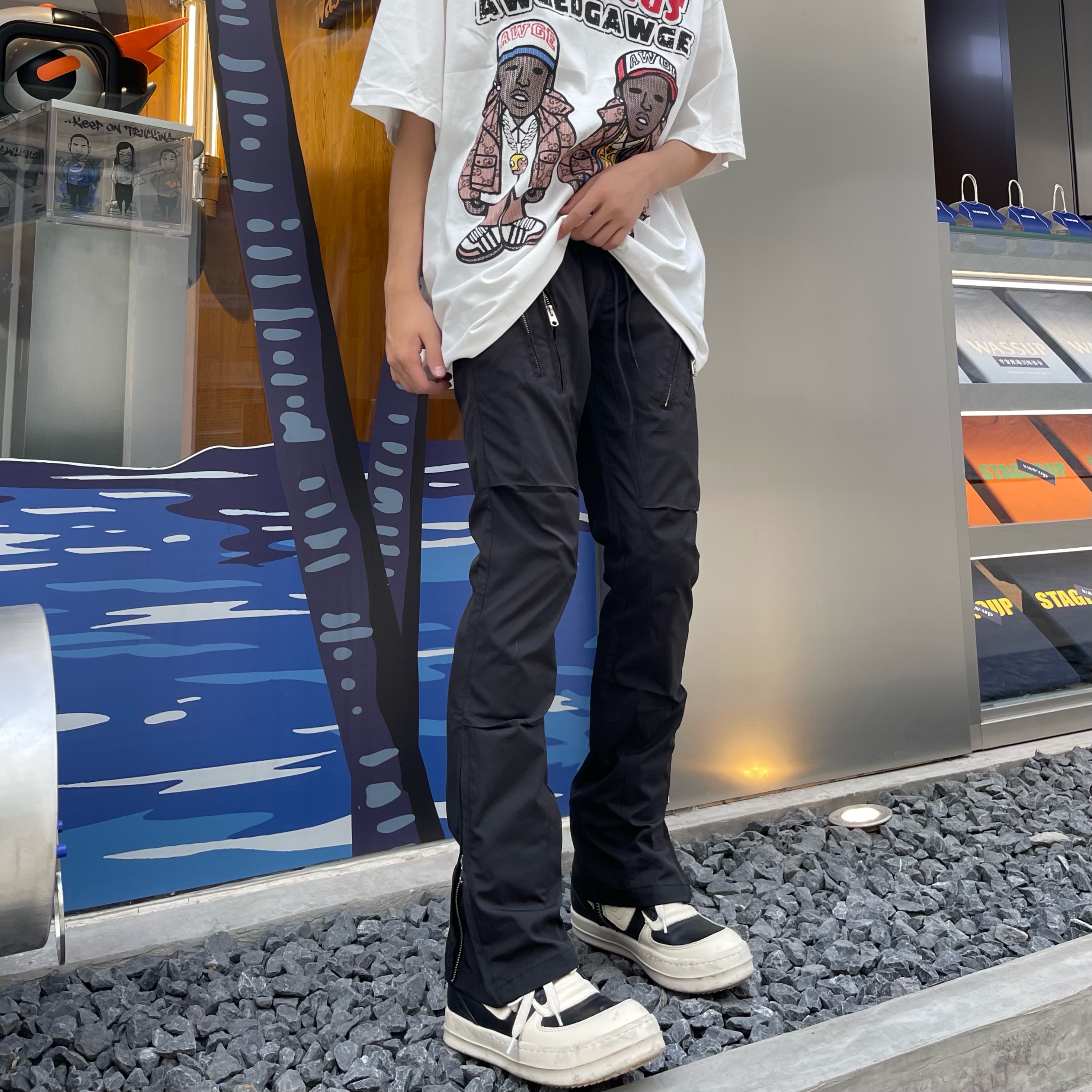 包酱铺 高街美式vibe风微喇叭裤黑色拉链显瘦直筒长裤子男女休闲