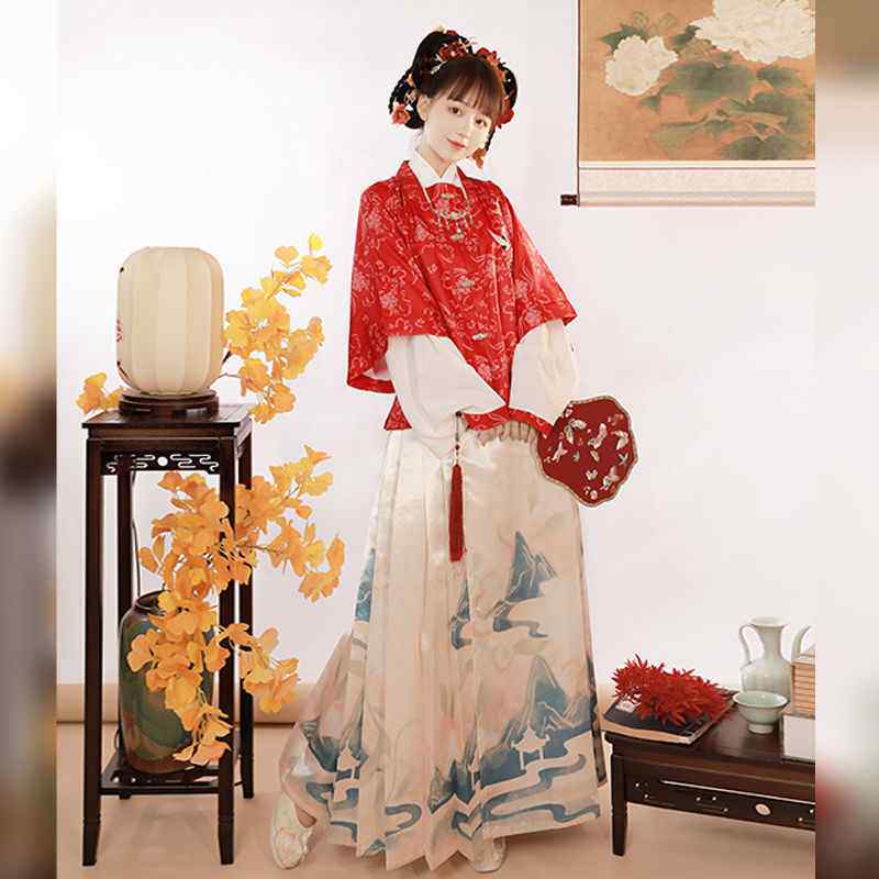 明制方领半袖汉服女明制绣花方领半臂马面裙日常春秋冬款