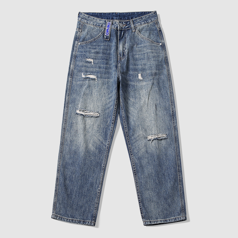 九城良品春夏新款宽松直筒破洞牛仔裤男做旧美式潮牌高街水洗长裤