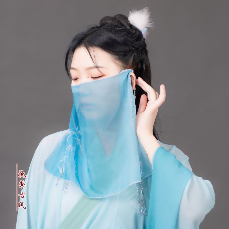 挽秀古风印花面纱珠帘面帘脸遮飘逸半透汉服发饰