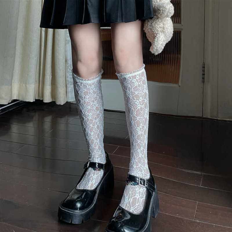 袜子女中筒袜外穿潮ins蕾丝小腿袜小众设计黑丝短袜短款半腿祙jk