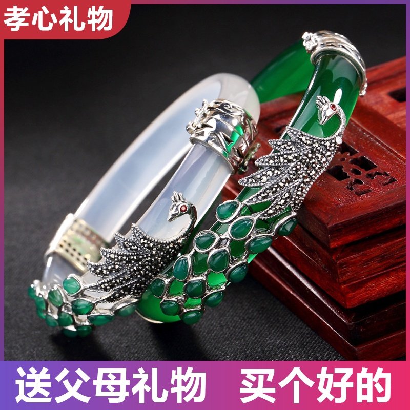 高档纯银镶玉手镯妈妈生日礼物老人长辈奶奶手镯