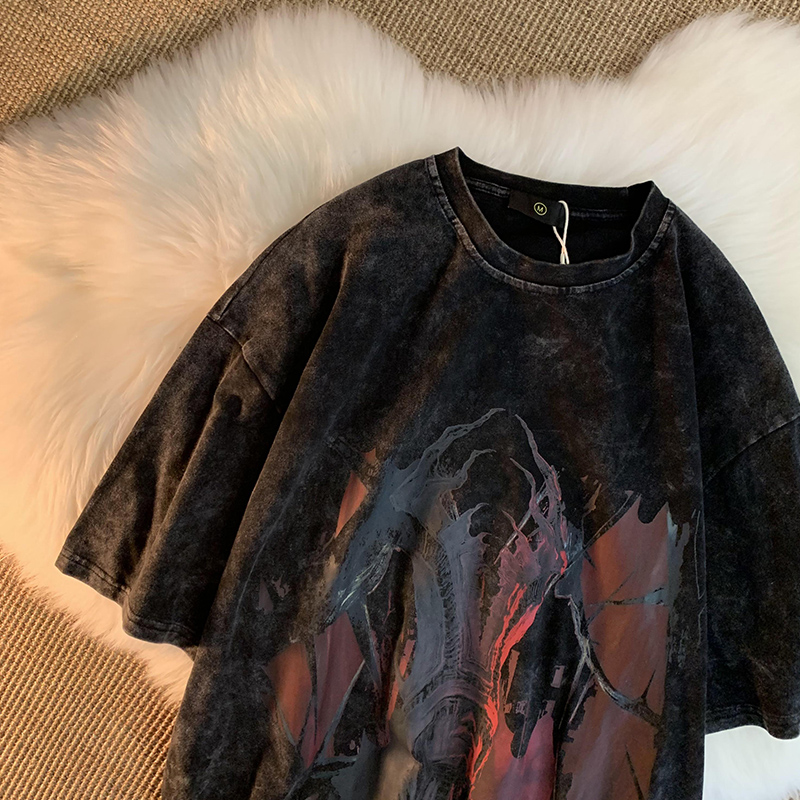 欧美嘻哈暗黑系印花短袖t恤男女复古高街ins宽松圆领潮牌情侣装