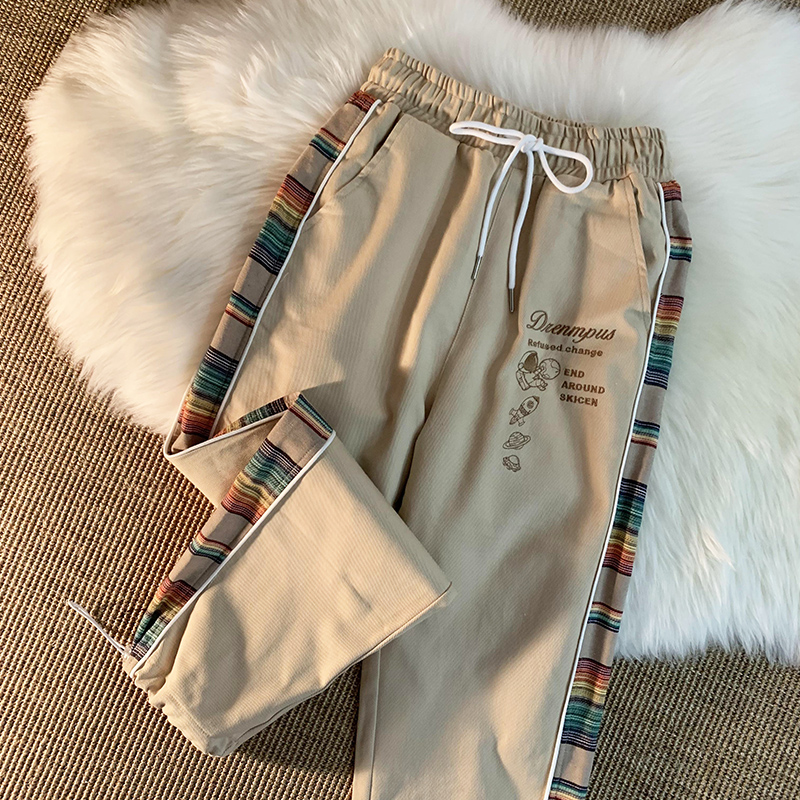 ins潮牌复古撞色拼接休闲男女韩版宽松慵懒风休闲直筒阔腿