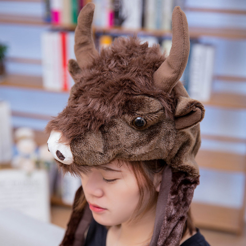 帽子卡通动物羚羊小牛公仔冬天儿童保暖头套毛绒布艺类玩具