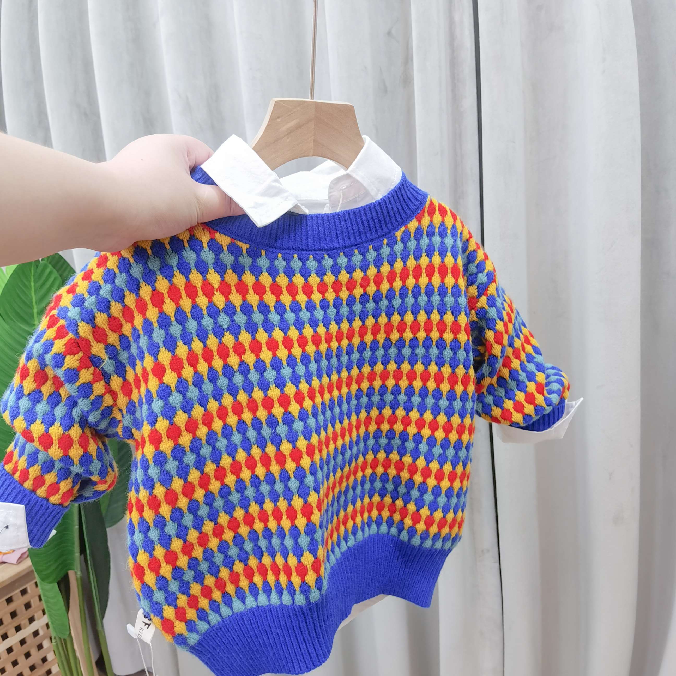 秋季新款儿童毛衣小童菱形针织衫套头手工编织毛衣