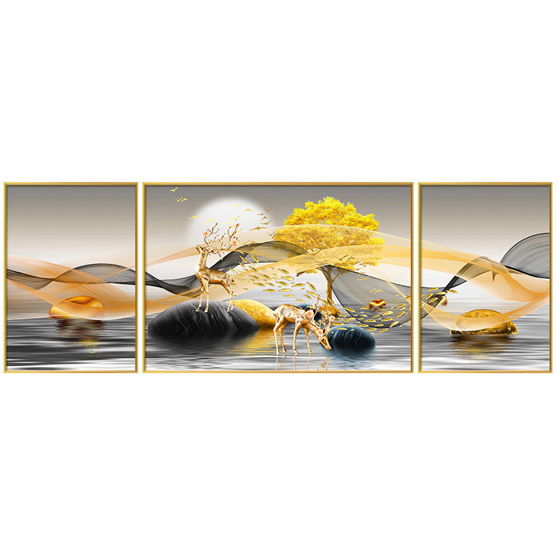 时来运转客厅装饰画三联石来运转挂画沙发壁画大气石头现代装饰画