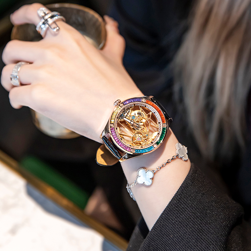 Davena手表女士2021新款名牌正品施华洛世奇满钻机械手表透明镂空