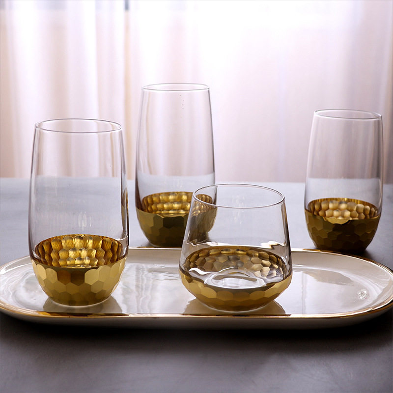 人工磨刻电镀金色玻璃杯家用水晶玻璃饮料杯牛玻璃杯