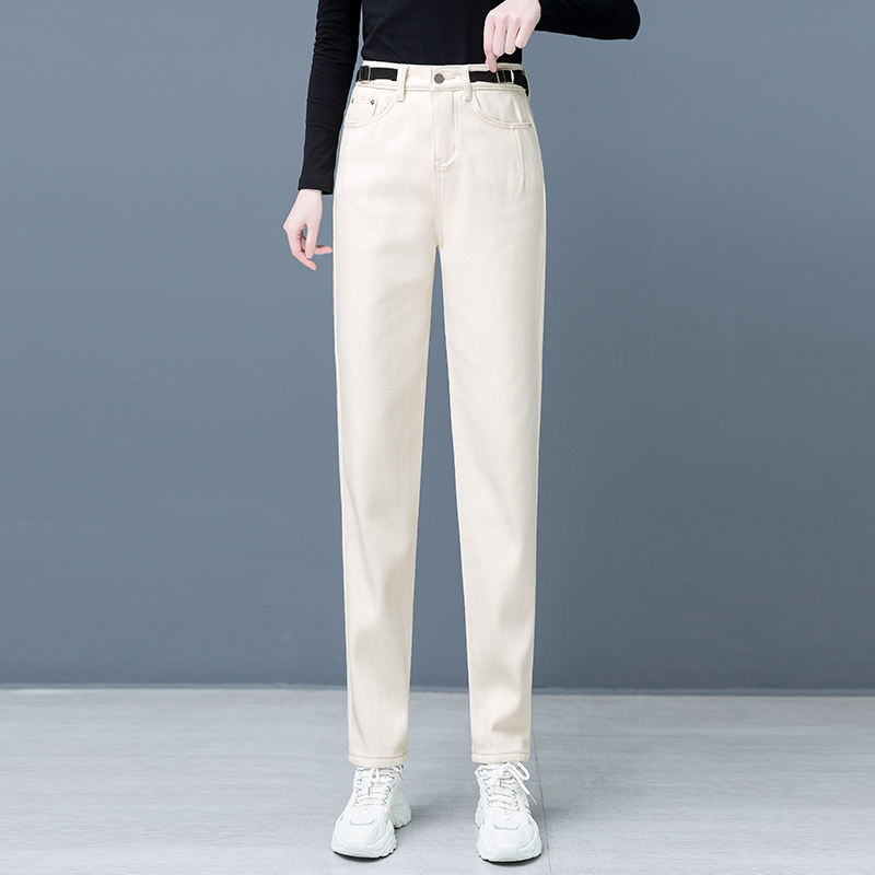 米白色牛仔裤女2022春季新款直筒宽松高腰显瘦大码休闲哈伦老爹裤
