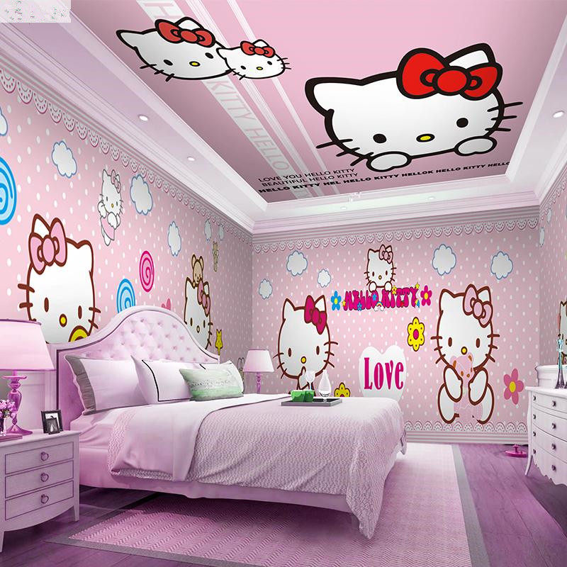 儿童卡通背景背景墙墙纸女孩卧室hellokitty墙布凯蒂猫定制壁画