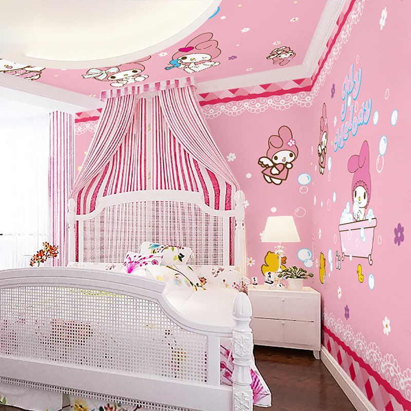 粉色公主房女孩壁纸床头卧室儿童房背景墙纸3d卡通可爱小兔子壁画