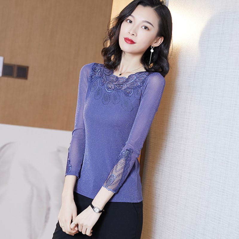 低领蕾丝打底衫女春秋新款洋气内搭小衫修身t恤