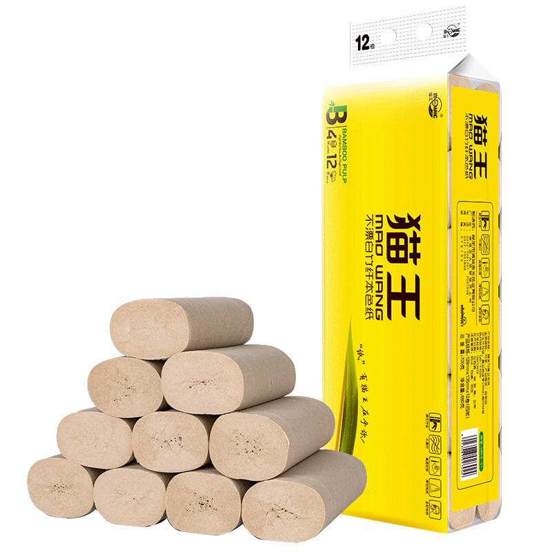 猫王竹浆本色700克12卷无芯卷纸家用纸巾实心卷筒纸