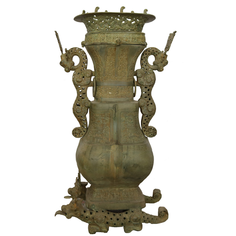 铜蟠虺纹兽耳方青铜器高仿真品龙耳方壶摆件