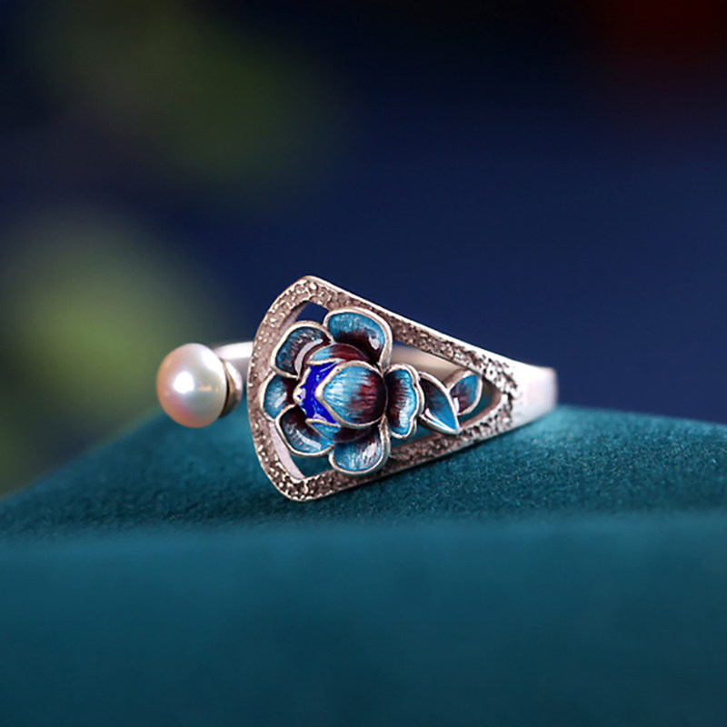 景泰蓝戒指女款s925复古中式时尚气质牡丹花蓝珍珠戒指