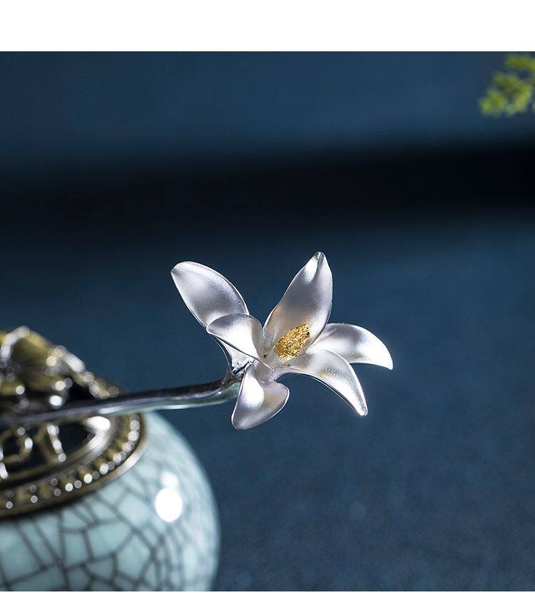 玉兰花簪镀s925银簪子女古风汉服古代工艺点缀发饰