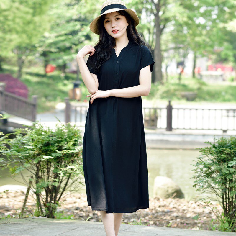 棉绸连衣裙女夏2021新款人造棉纯色短袖中长款气质显瘦a字连衣裙 - 轩