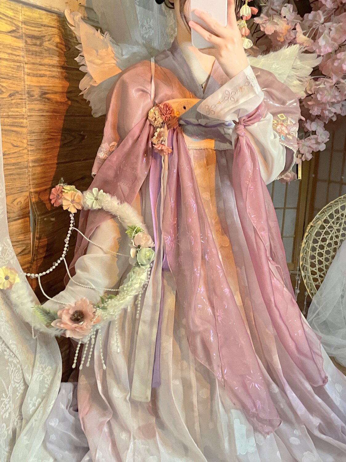 落红红成粉裙琴挑原创汉服唐制背齐胸圆领衫烫金汉服