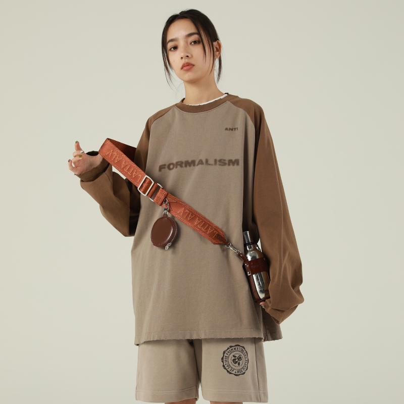 FROM WRTING字由 极简潮牌韩流复古磨边圆领插肩拼色印花长袖T恤