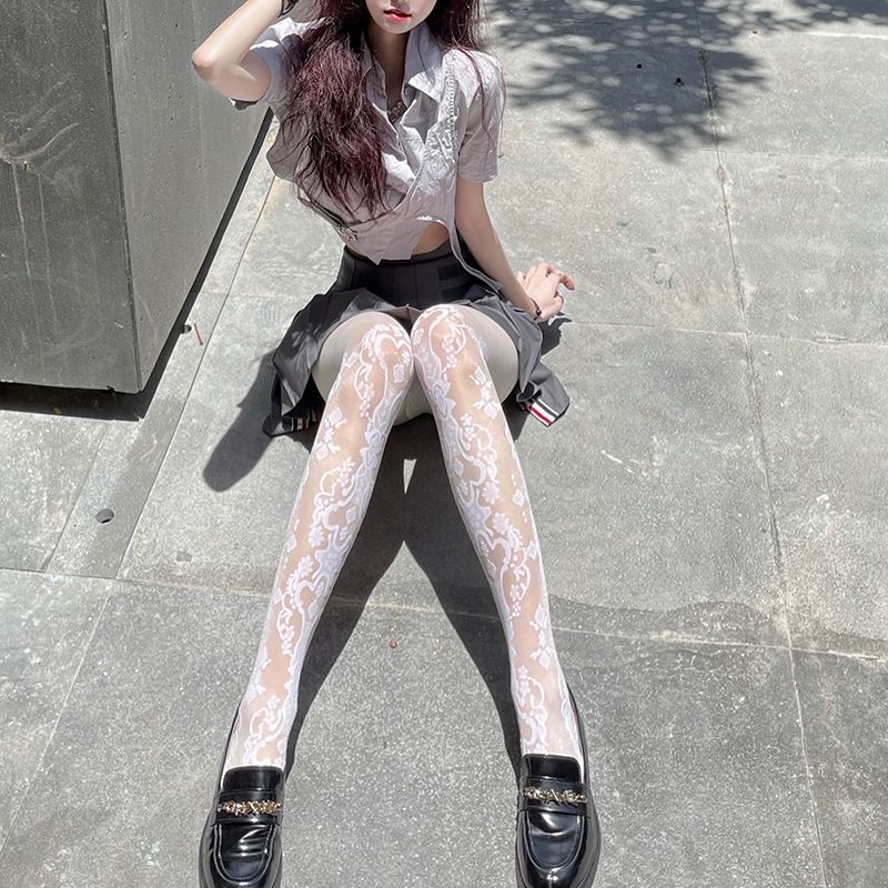 秋季洛丽塔白色维纳斯提花小腿袜子jk辣妹美腿丝袜女薄款