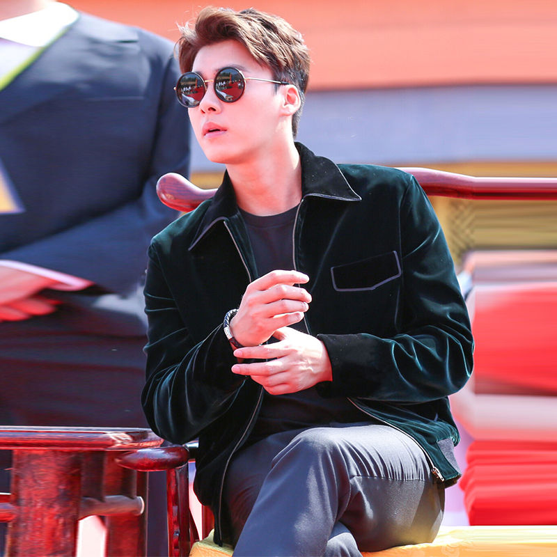 李易峰同款休闲高级天鹅绒墨绿拉链修身飞行夹克秋冬外套男女潮流