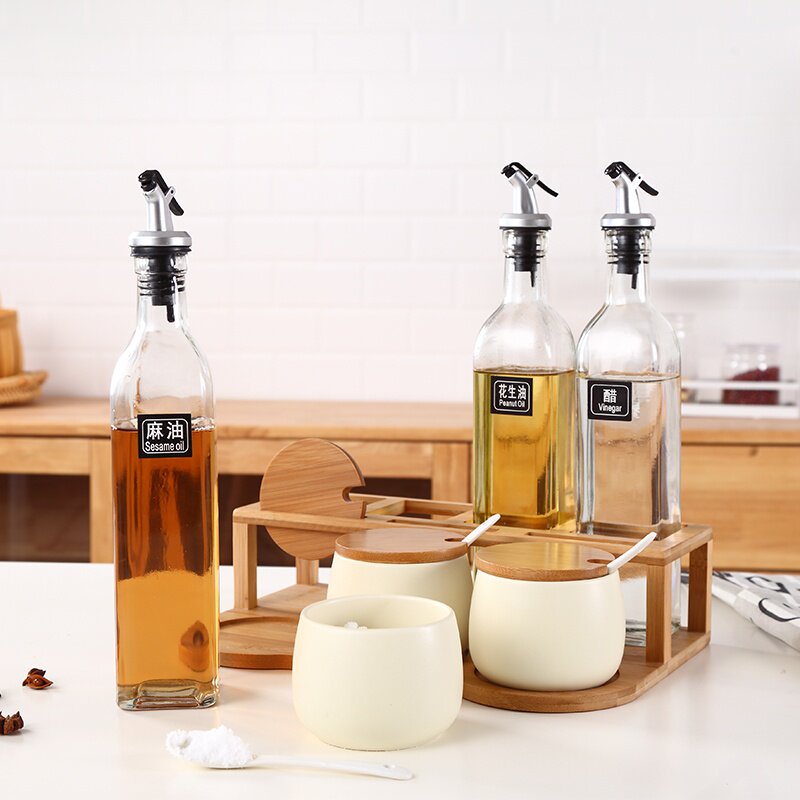 家用调料玻璃油瓶组合套装厨房油盐酱醋壶陶瓷双层调味罐盒三件套