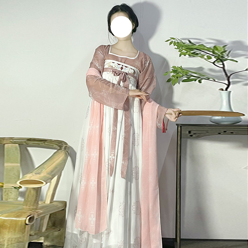 尚等原创汉服女【花夏】坦领一片式齐胸襦裙刺绣印花日常春夏正品