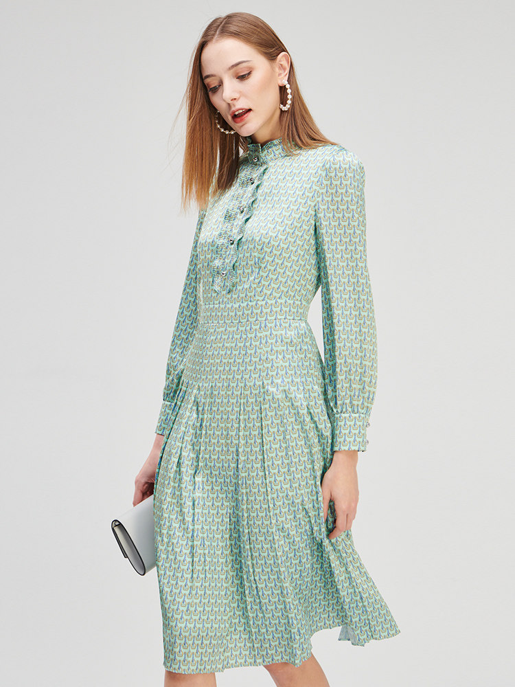 scofield女装秋款气质修身淑女百褶立领锁链图纹连衣裙