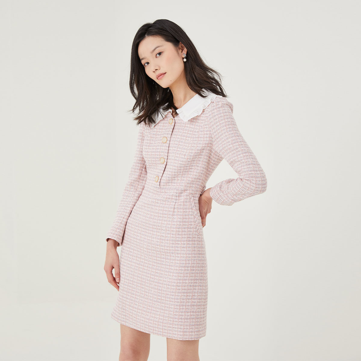 prich年春春季时尚气质简约舒适修身小香风收腰系带连衣裙