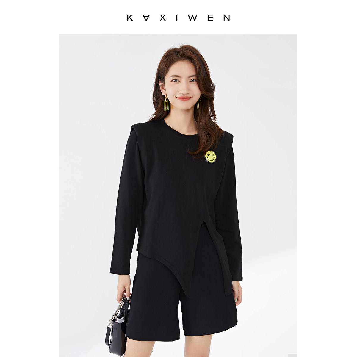 佧茜文2022年秋季新款女装小众设计解构开叉不规则t恤