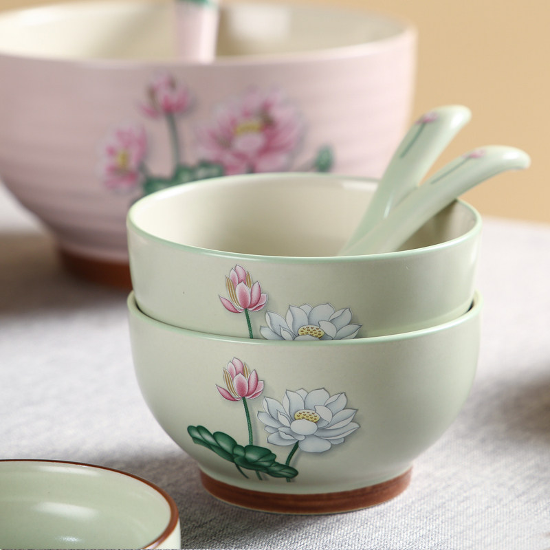 碗单个家用陶瓷中式古风荷花吃饭碗餐具日式创意拉面碗大汤碗唯美