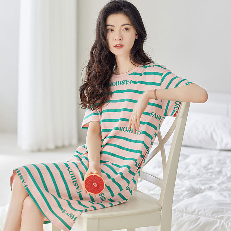 100纯棉短袖睡裙夏季中长女士宽松休闲睡衣睡裙