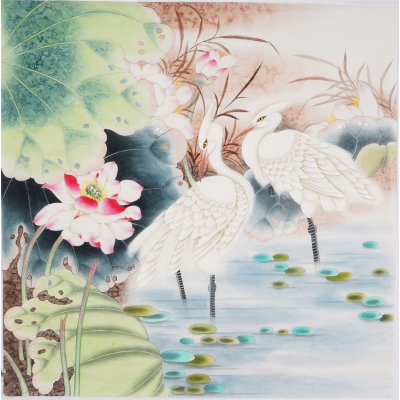 斗方荷花小鸟工笔画手绘提款无款04746国画