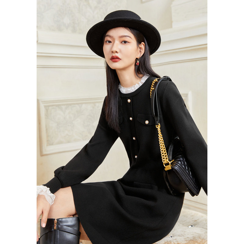 秋水伊人纯色针织连衣裙2022年冬季新款女装甜美气质连衣裙