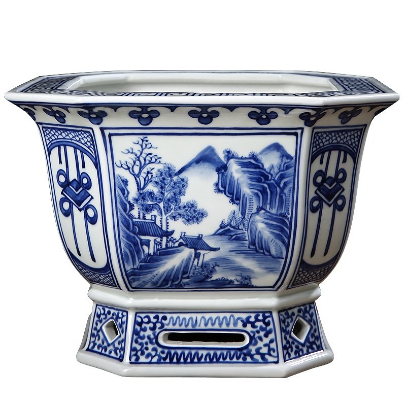 花盆兰花青花瓷山水手绘雅致文竹新中式陶瓷风格花盆