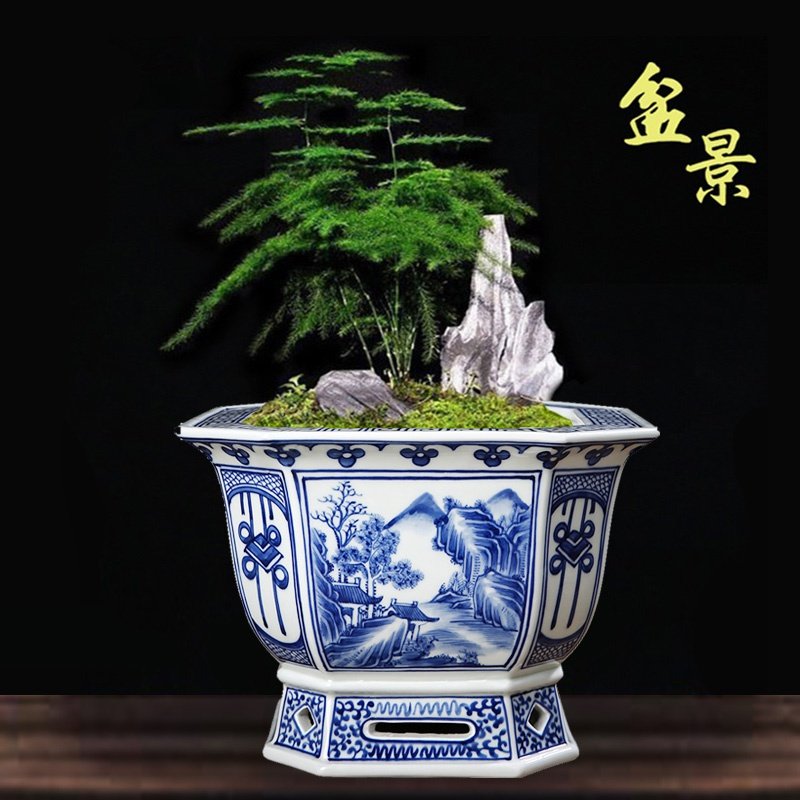 花盆兰花青花瓷山水手绘雅致文竹新中式陶瓷风格花盆