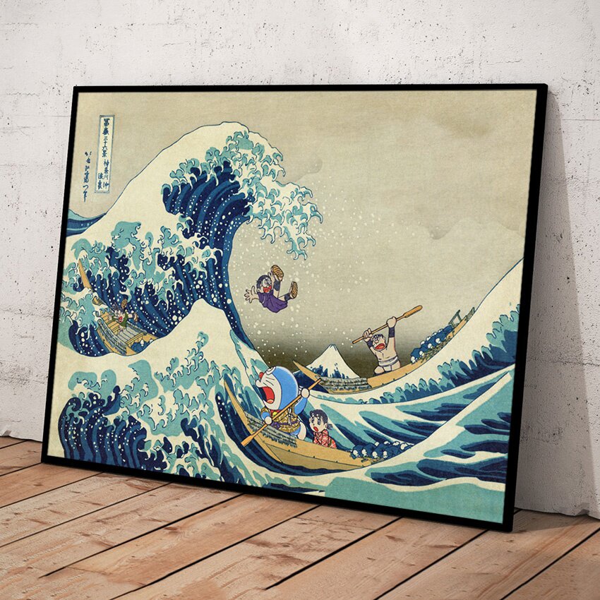 机器猫浮世绘神奈川冲浪浪里卡通儿童家居店面送礼现代装饰画